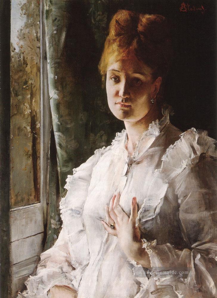 Porträt einer Frau in White Lady belgische Maler Alfred Stevens Ölgemälde